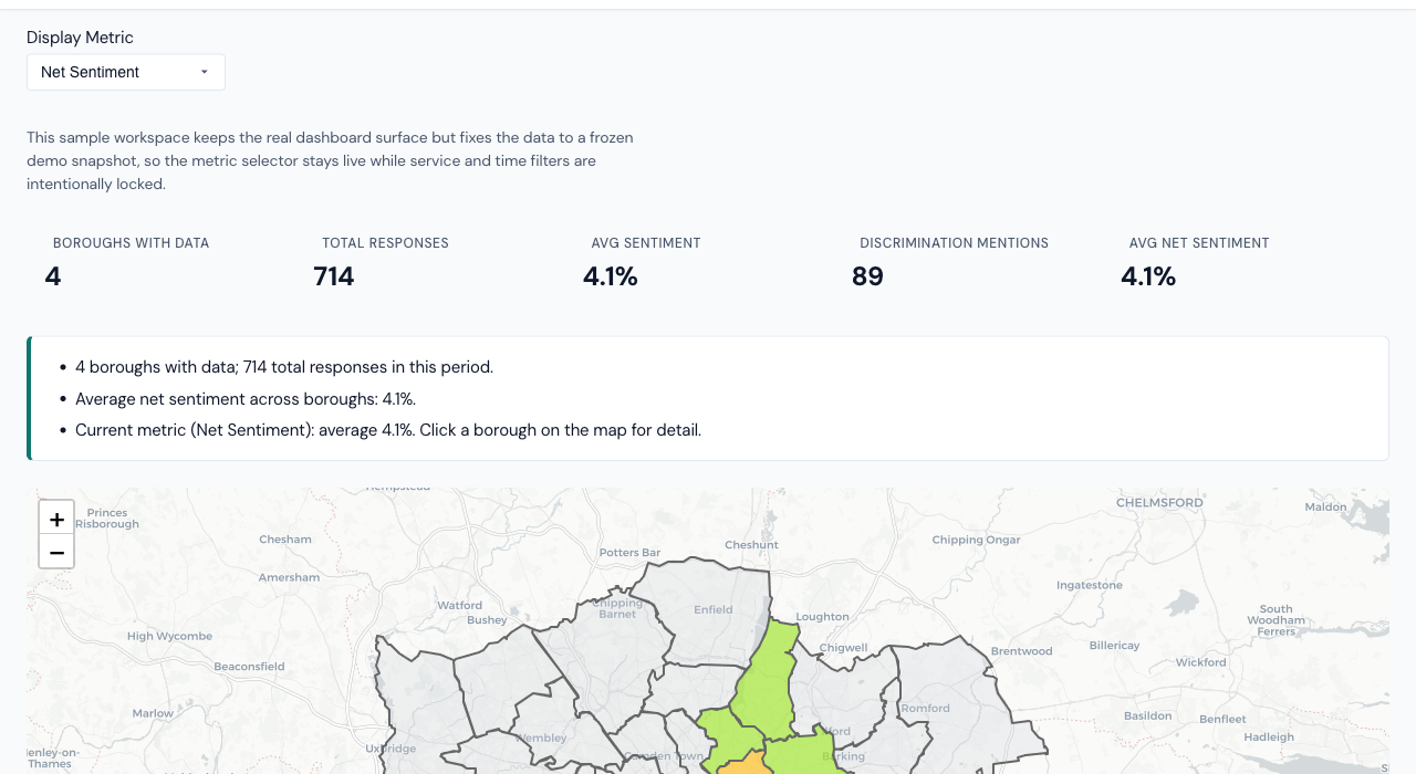 Geographic equity dashboard showing borough-level sentiment map and key statistics