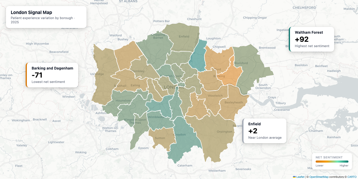 Static London borough hex map showing signal variation.